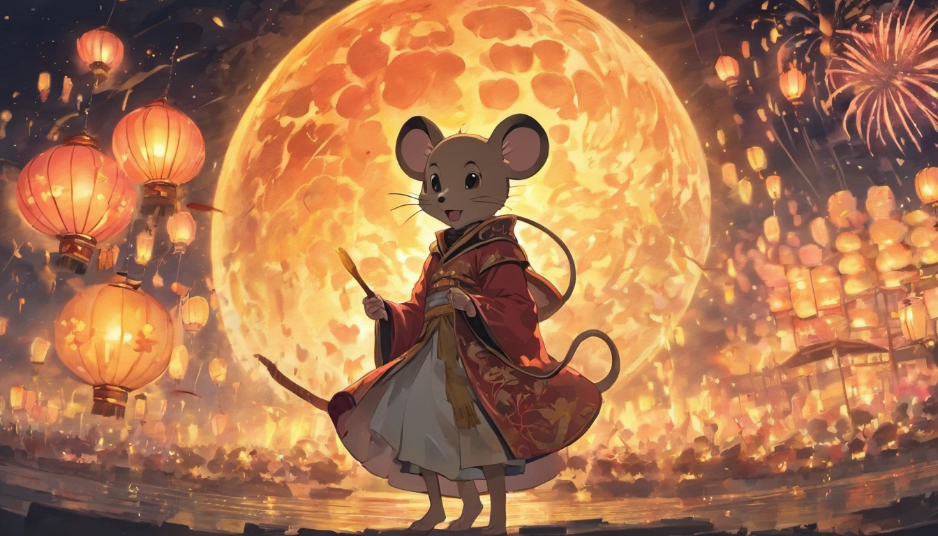 Mid-Autumn Festival,(large moon),(((((mouse))))),tradit,celebrating,fire works,((Kongming Lantern)),Don't anthropomorphize,The rat sits behind him