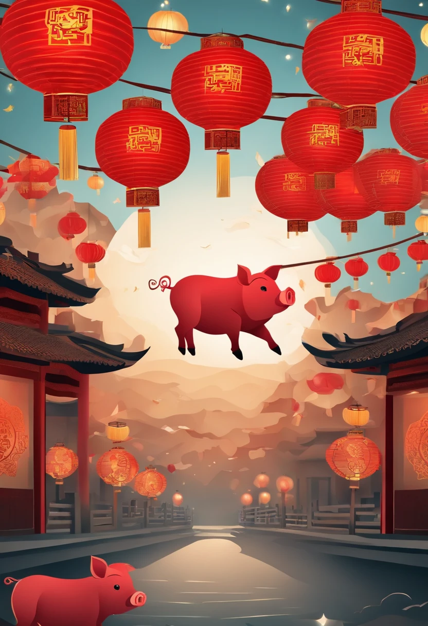 Paper Cuttings style，Oriental style pattern style，There is a large zodiac pig in the middle，On the streets of ancient China，Festive lanterns in the background