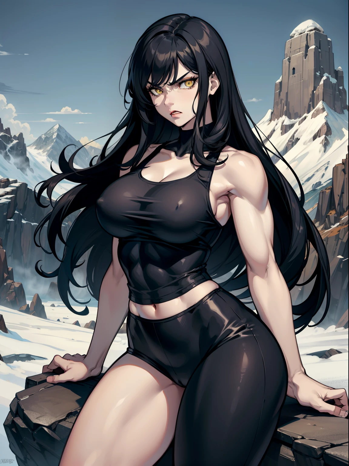 black hair, extremely long hair, yellow eyes, pale skin, muscular, large breasts, thick thighs, angry, leggings, tank top, mountain range background