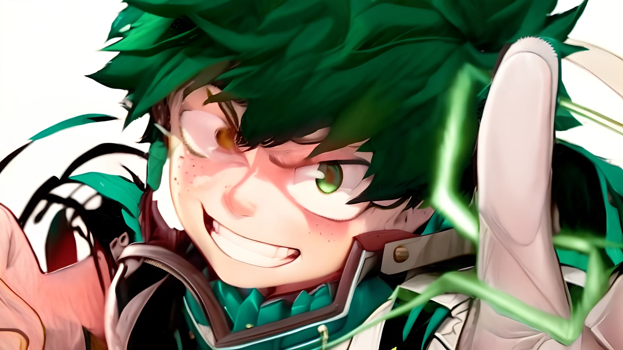 um close up de uma pessoa com cabelo verde e um cabelo verde, Izuku Midoriya, boku no hero academia estilo, in my hero academia, My Hero Academia, Gatilho Estilo de Arte de Anime, Epic anime style, 8k!, [[[[sorrindo malvado]]]], maravilhoso, arte anime de alta qualidade, Arte Oficial, semi-realista, realista, realismo, realism, semi-realism