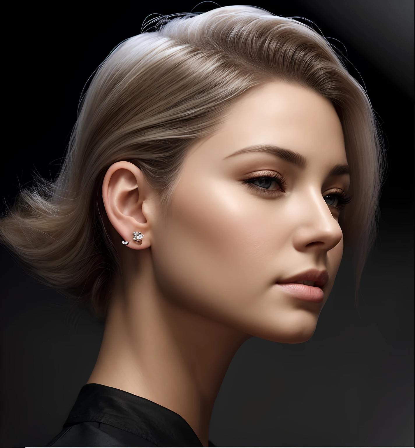 Blonde woman posing for photo with earrings and black shirt, Soft portrait shot 8 K, Rendu portrait 8k, smooth 3d cg render, Realistic moody facial lighting, cinematic realistic portrait, 3d character realistic, hyperrealistic 3 d render, style of surrealism, photorealistic beautiful face, 3 D rendering character art 8 K, photo-realistic face, Realistic female portrait