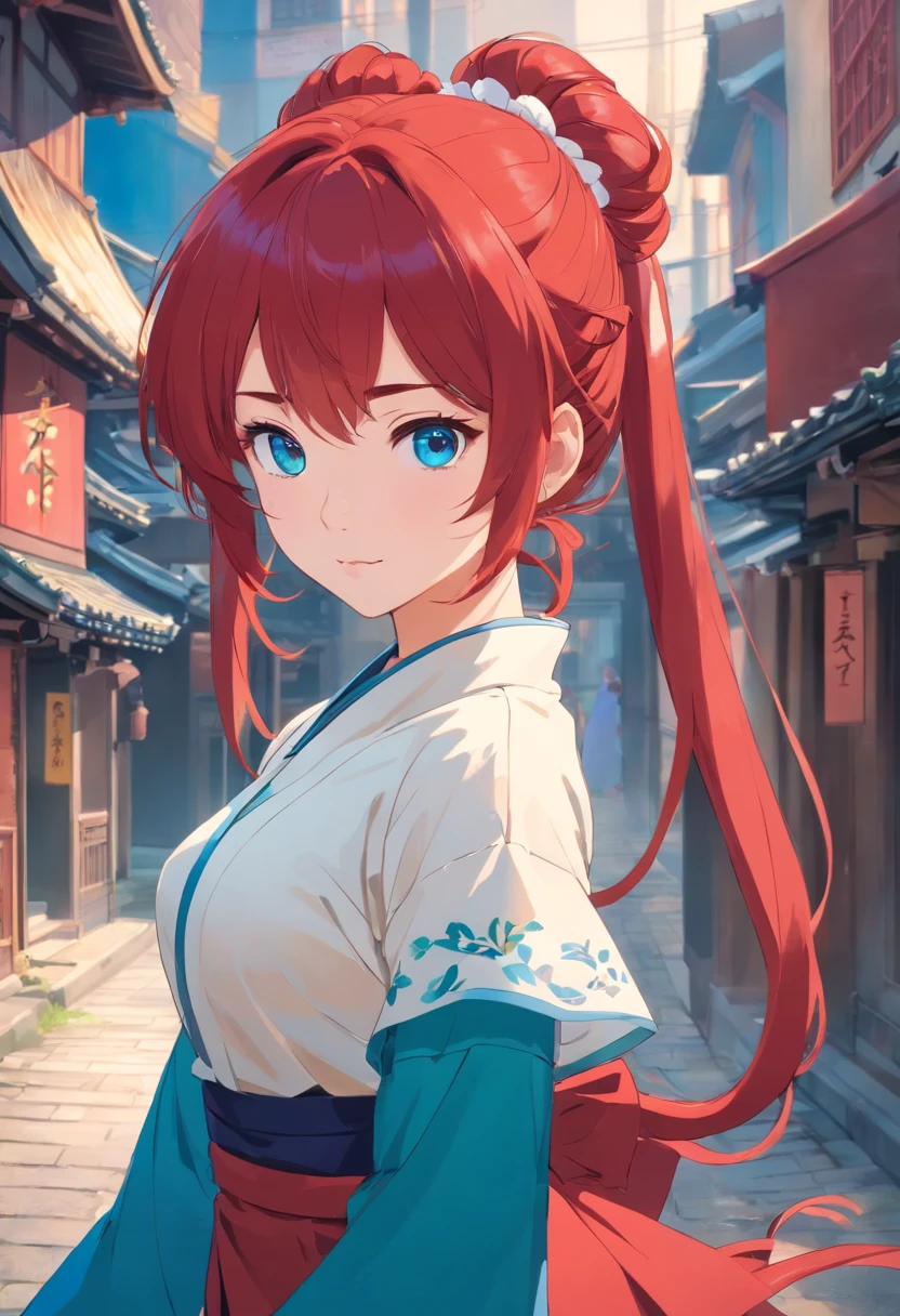 Red color hair,Double ponytail curls,blue color eyes,White ta,Beth,Ancient streets,Green Hanfu