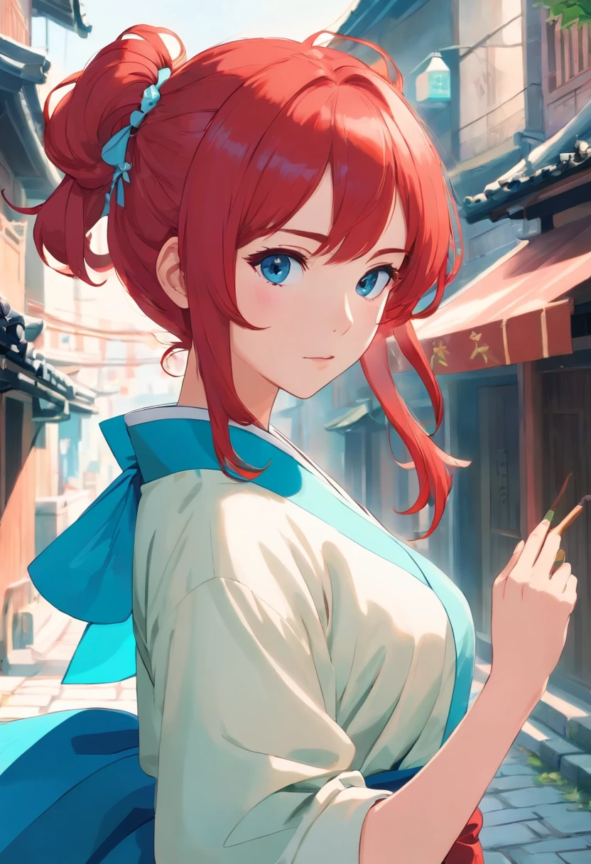 Red color hair,Double ponytail curls,blue color eyes,White ta,Beth,Ancient streets,Green Hanfu