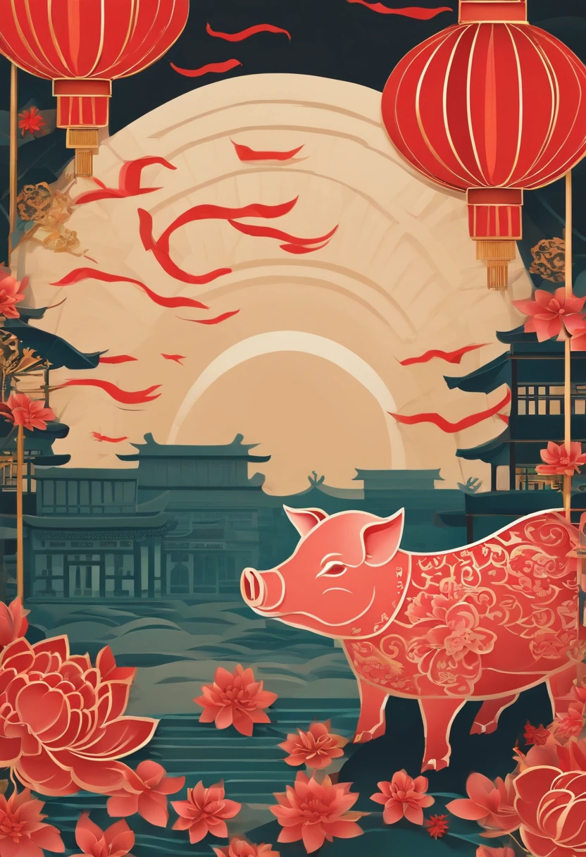 Paper Cuttings style,Oriental style pattern style,There is a large zodiac pig in the middle,On the streets of ancient China,There are festive lanterns and traditional architecture in the background