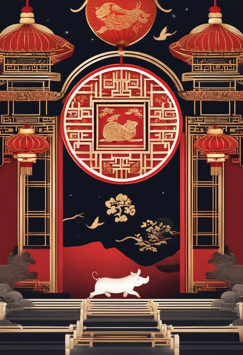 Paper Cuttings style,Oriental style pattern style,There is a large zodiac pig in the middle,On the streets of ancient China,There are festive lanterns and traditional architecture in the background