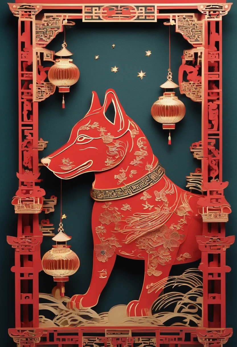 Paper Cuttings style，Oriental style pattern style，There is a large zodiac dog in the middle，On the streets of ancient China，Festive lantern in background