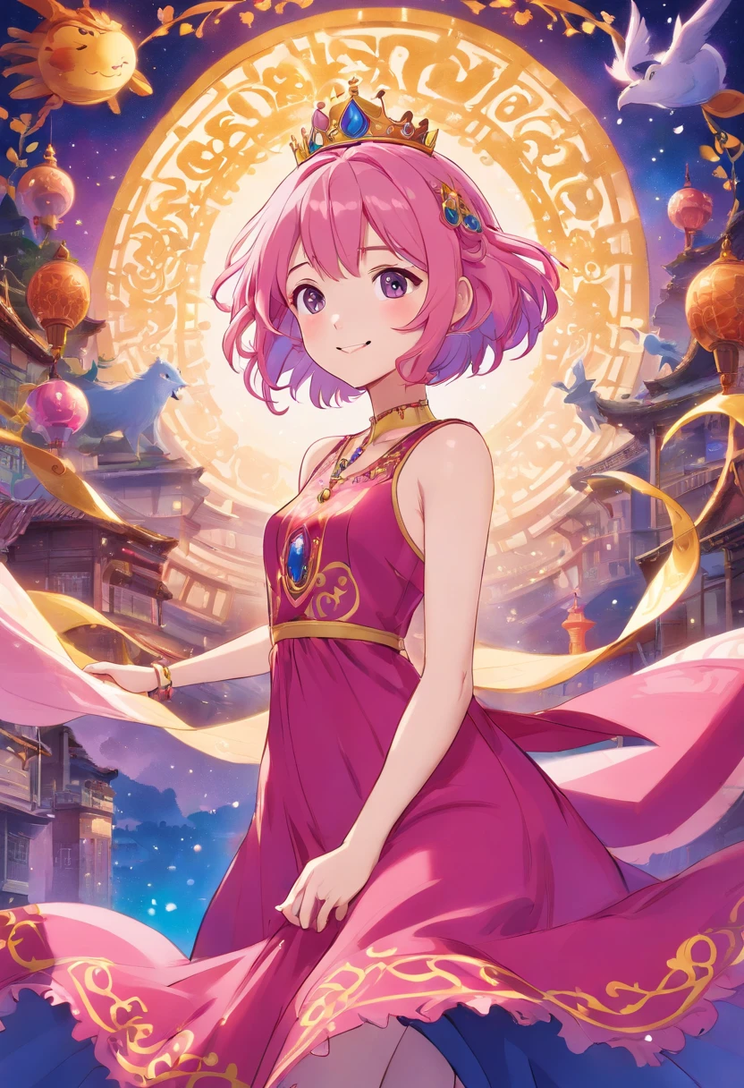 beautiful, happy princess, pink hair, wearing flowing dress in rich hues of deep pink and royal blue, adorned with intricate patterns that hinted at her connection to ancient magic, reflection of her enigmatic nature, smiling confidentially, wearing jewel necklace, magical bracelets, marvelous crown, brilliant texture work, purple pants