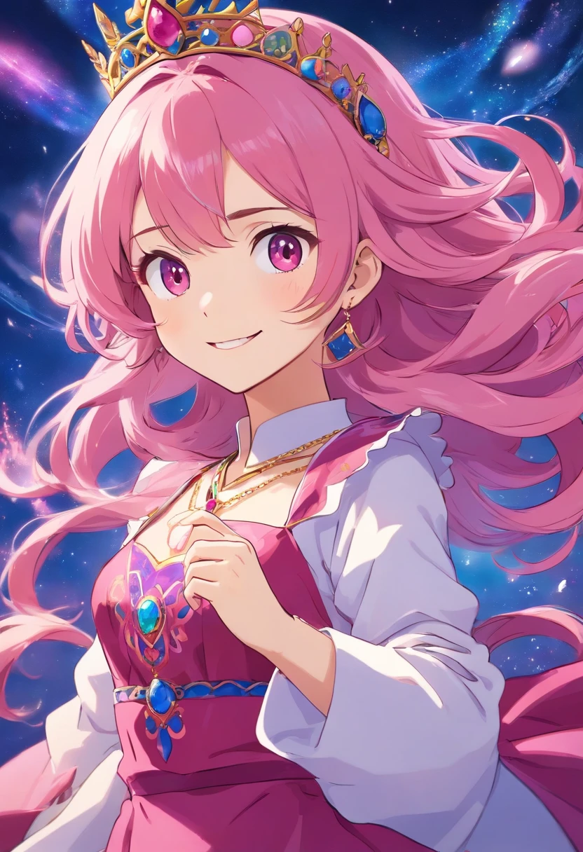 beautiful, happy princess, pink hair, wearing flowing dress in rich hues of deep pink and royal blue, adorned with intricate patterns that hinted at her connection to ancient magic, reflection of her enigmatic nature, smiling confidentially, wearing jewel necklace, magical bracelets, marvelous crown, brilliant texture work, purple pants