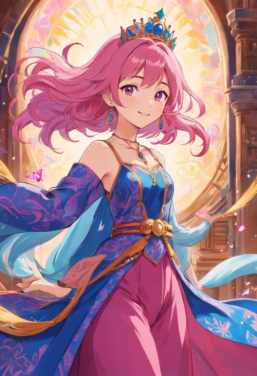 beautiful, happy princess, pink hair, wearing flowing dress in rich hues of deep pink and royal blue, adorned with intricate patterns that hinted at her connection to ancient magic, reflection of her enigmatic nature, smiling confidentially, wearing jewel necklace, magical bracelets, marvelous crown, brilliant texture work, purple pants