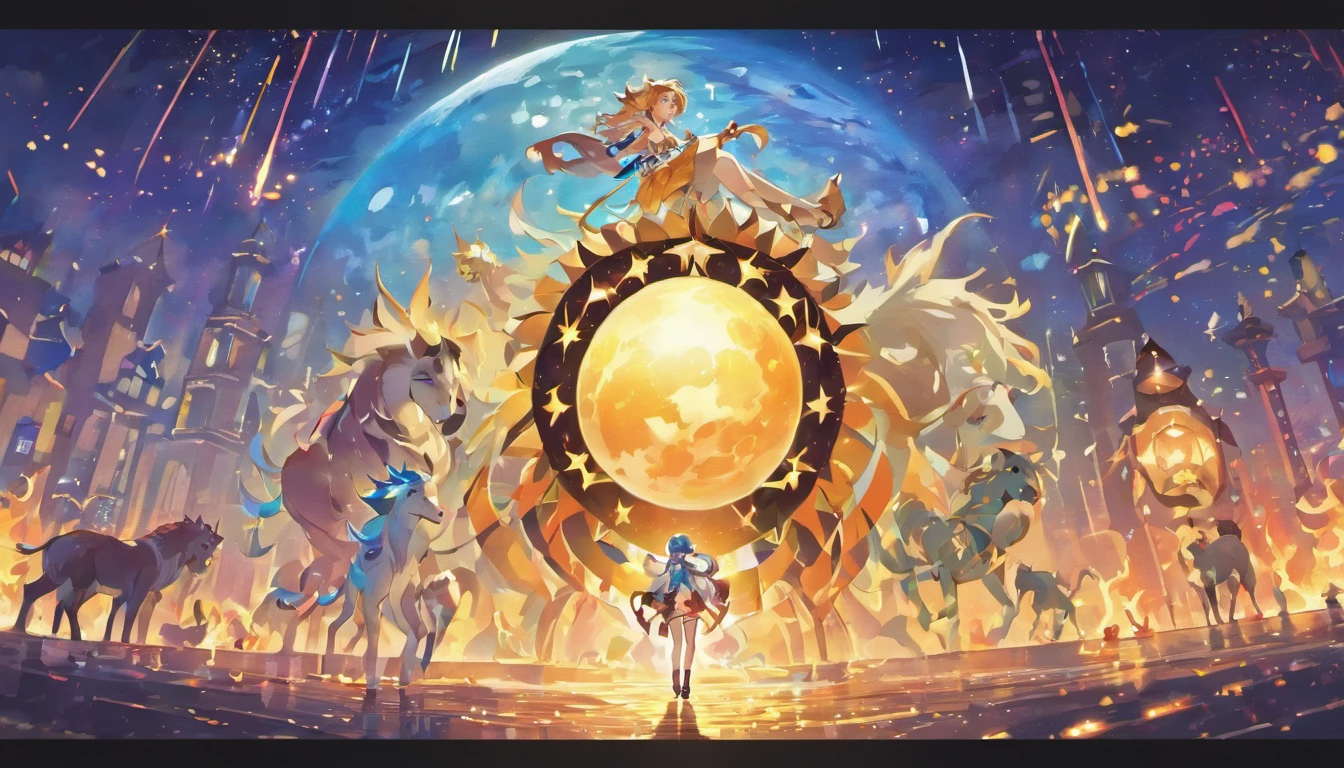 Mid-Autumn Festival，(large moon)，(((((taur)))))，tradit，celebrating，fire works，((Kongming Lantern))，Don't anthropomorphize，The cow followed and watched