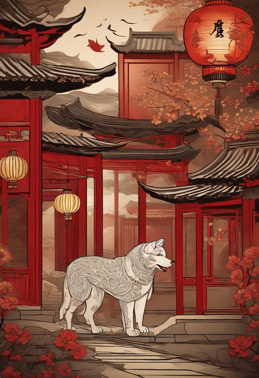 Paper Cuttings style,Oriental style pattern style,There is a large zodiac dog in the middle,On the streets of ancient China,There are festive lanterns and traditional architecture in the background