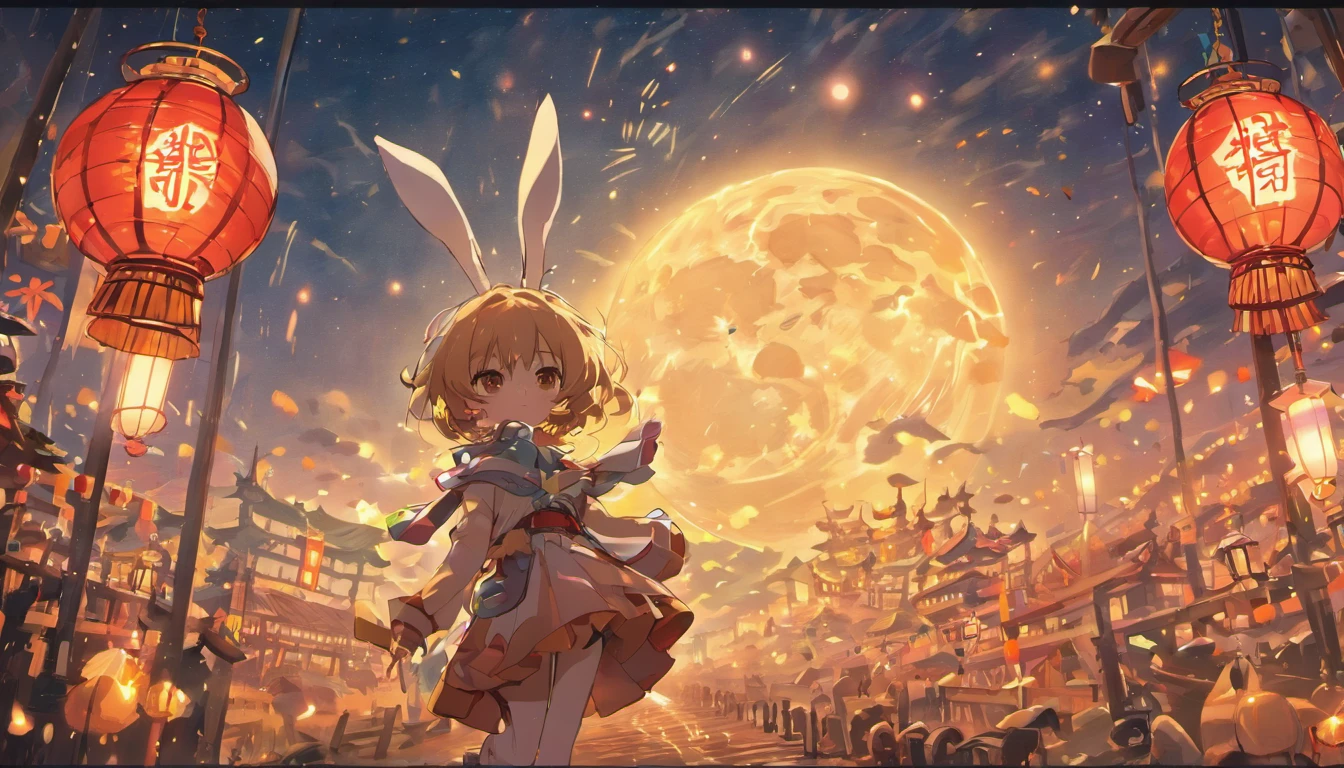 Mid-Autumn Festival，(large moon)，(((((edgBunny)))))，tradit，celebrating，fire works，((Kongming Lantern))，Don't anthropomorphize，The rabbit followed and watched