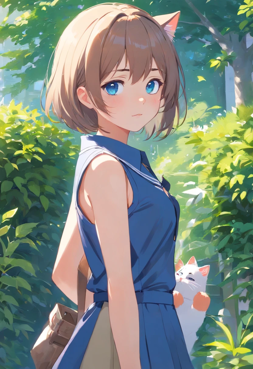 Cat-eared girl in school uniform in garden, BREAK，silber hair，blue eyes，(((Sleeveless)))，Hang the laundry to dry，Holding a laundry basket with clothes，loli in dress, small curvy loli, artwork in the style of guweiz, guweiz on pixiv artstation, guweiz on artstation pixiv, guweiz, small loli girl, soft anime illustration, Anime visuals of cute girls, Detailed Digital Anime Art