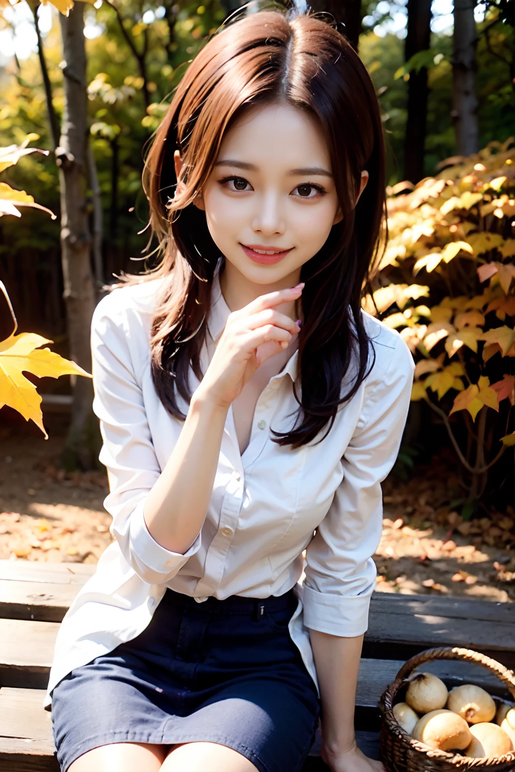 (8K、top-quality、超A high resolution、masterpiece:1.2)、(Photorealsitic:1.4)、(detailed skins:1.3)、1人、Beautiful gravure model at the age of 18、Perfect Style、Beautiful Japan actress、large full breasts、A slender、(Lace shirt with open chest)、(Sexy mini skirt)、(Black pantyhose)、trekking boots、(Detail Eye) 、(grin:1.2)、(Forest of autumn leaves:1.4)、clear stream、(leaf fall:1.4)、Small matsutake mushrooms、Happiness、Beautiful autumn、Elaborate CG 8K wallpapers、dynamicposes、beautiful lighting、profetional lighting、(foco nítido)、Basket with mushrooms、Mushroom picking