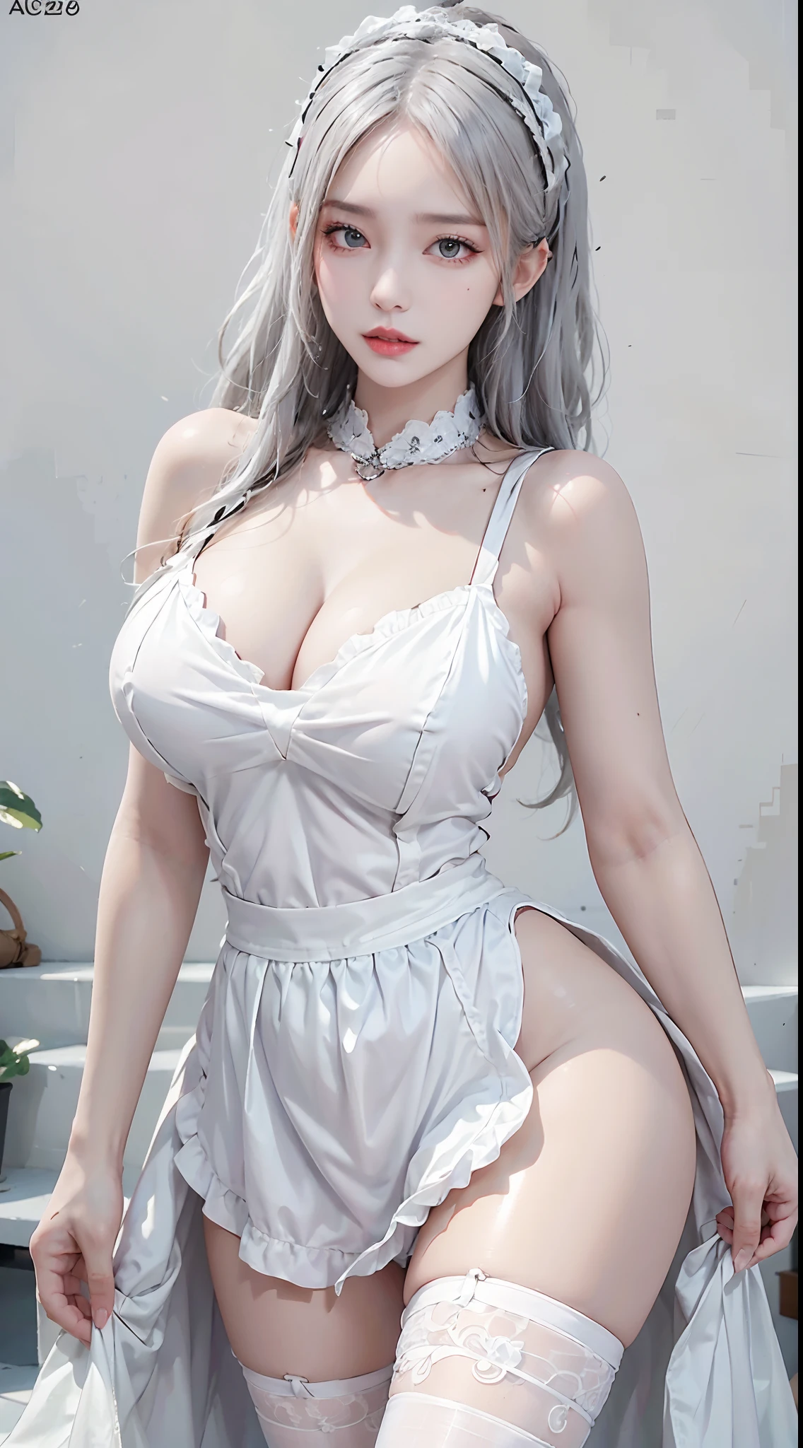 photorealistic, high resolution, soft light,1women, solo, hips up, (detailed face),tattoo, jewelry, wearing sexy maid dress, white hair