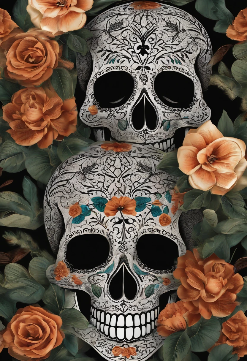 a close up of two skulls with flowers on a black background, el dia los muertos!, day of the dead, day of all the dead, dia de los muertos, celebrating day of the dead, dia de los muertos. 8 k, dia de los muertos!!, (dia de los muertos), ( dia de los muertos )