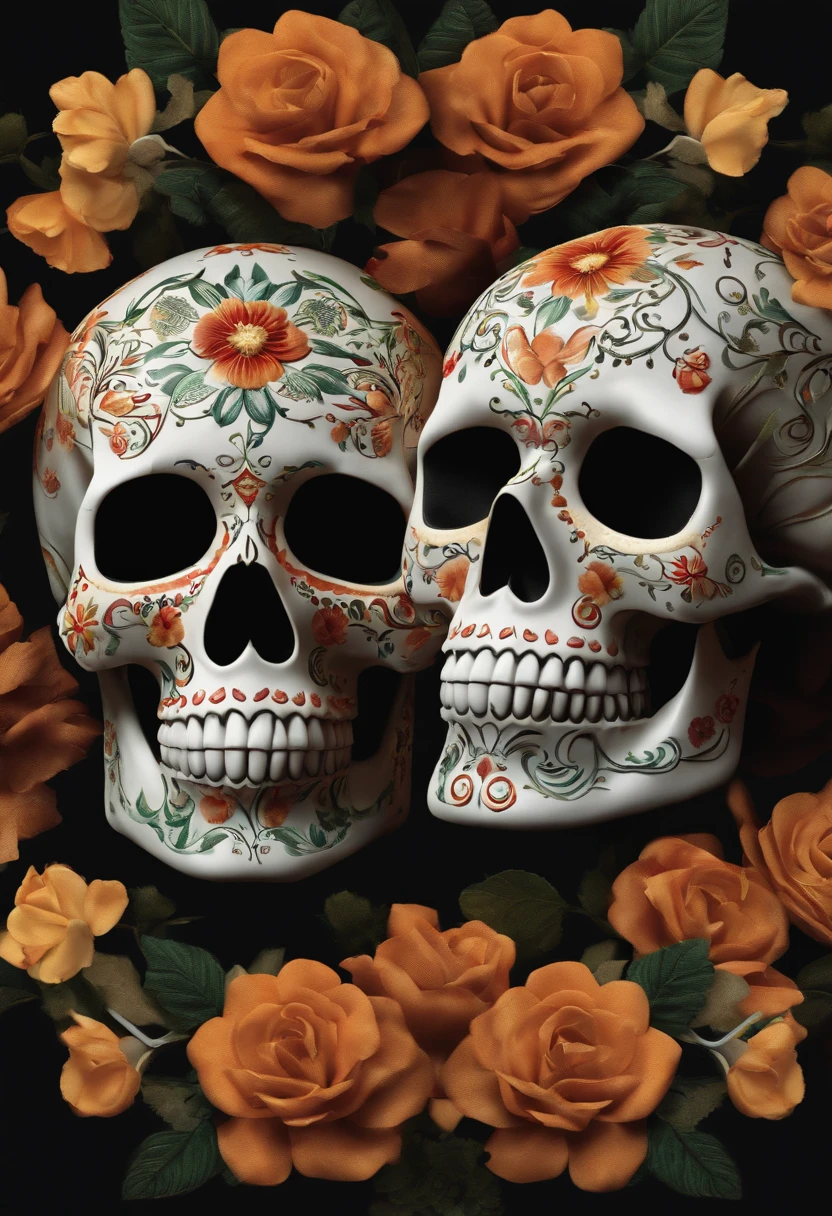 a close up of two skulls with flowers on a black background, el dia los muertos!, day of the dead, day of all the dead, dia de los muertos, celebrating day of the dead, dia de los muertos. 8 k, dia de los muertos!!, (dia de los muertos), ( dia de los muertos )