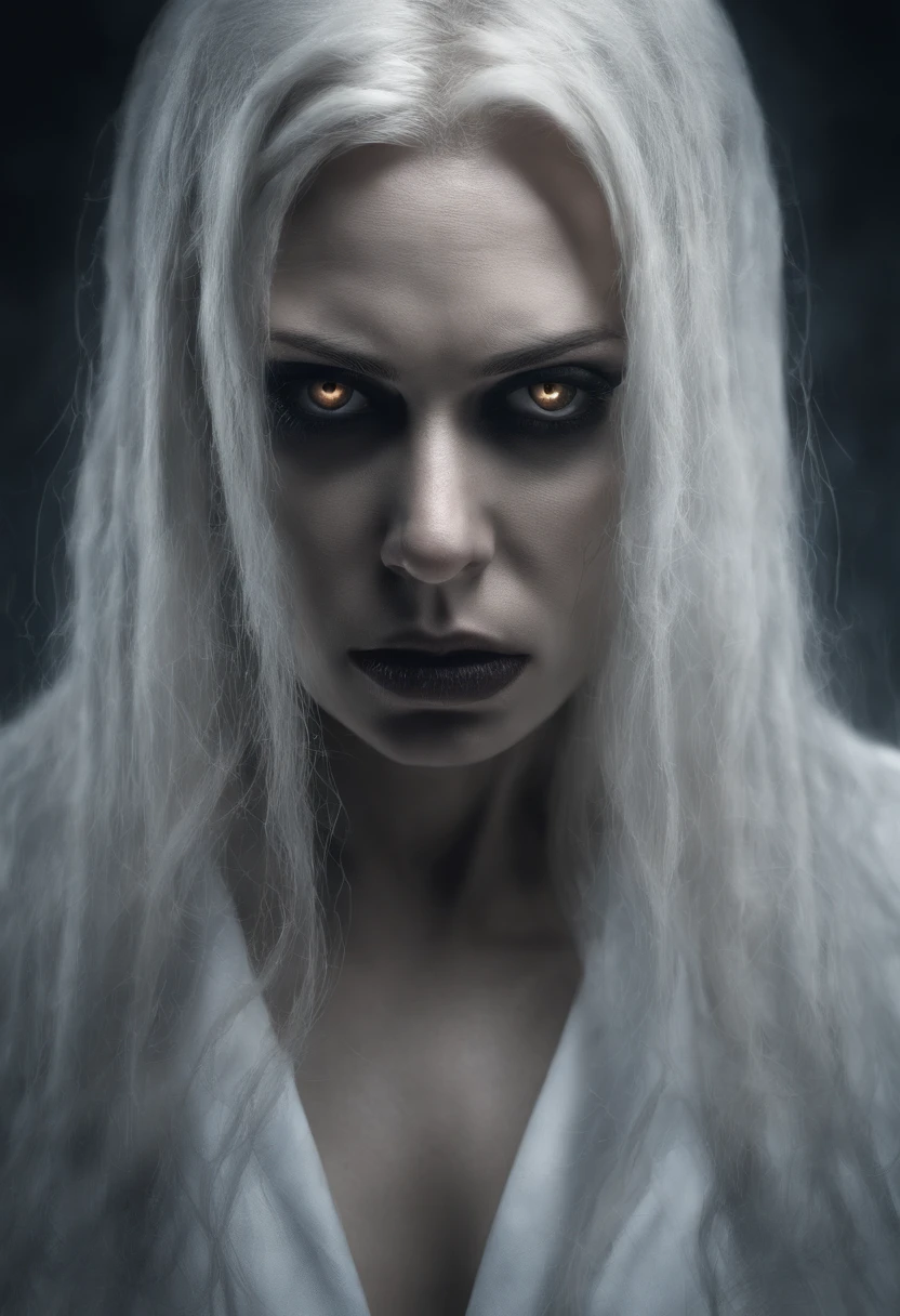 portrait, woman, face with sarcastic expression, caucasian, blond hair, evil look, huge breasts, white clothing, 8k resolution, realistic