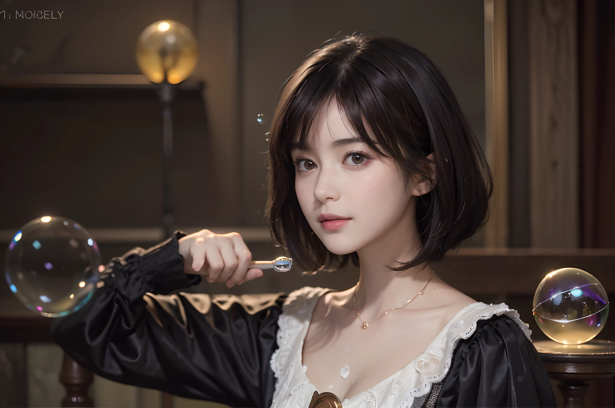 (Masterpiece:1.3), (8K picture quality), Photorealsitic, Raw photo,  (Best Quality: 1.4), (1womanl), Pretty Face, (Realistic face), (A dark-haired, Short hair:1.3), Beautiful hairstyle, ((Breast-breast)), Ultra-detailed resolution, the golden ratio, , depth of fields, Filming a movie, A slight smil, (soap bubbles:1.3), Oil painting, Rembrandt, Light and Darkness, ((Contrasty))