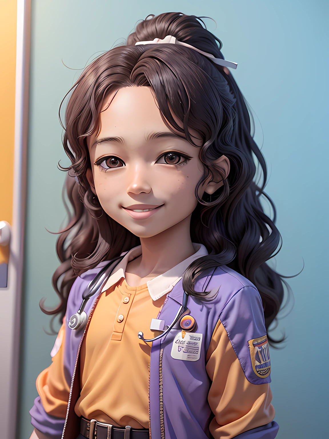 highly detailed 3D render cute kazuhiro1, man, smiling, happy, black long hair, wavy hair (facial hair:0.6), realistic chibi, with doctor costume, s cartoon style, high detailed textures, soft smooth textures, in a hospital, soft blue purple color gradient in background