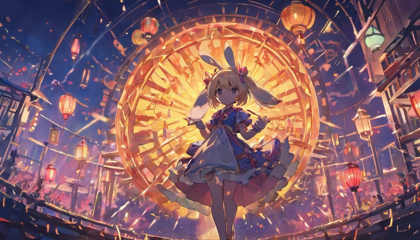 Mid-Autumn Festival,(large moon),(((((edgBunny))))),tradit,celebrating,fire works,((Kongming Lantern)),Don't anthropomorphize,The rabbit followed and watched,frontage