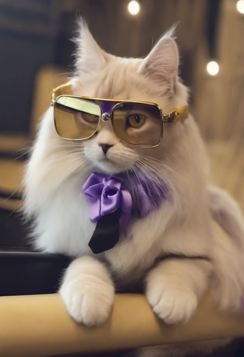 Create a drawing of a robot cat with a mustache (as if it were of a human being only in drawing) e olhos azuis.  ele tem que ser branco, with the lilaz tail and the lilac-hued orelle and paws,a yellow collar and lilac belly, com uma letra M na frente