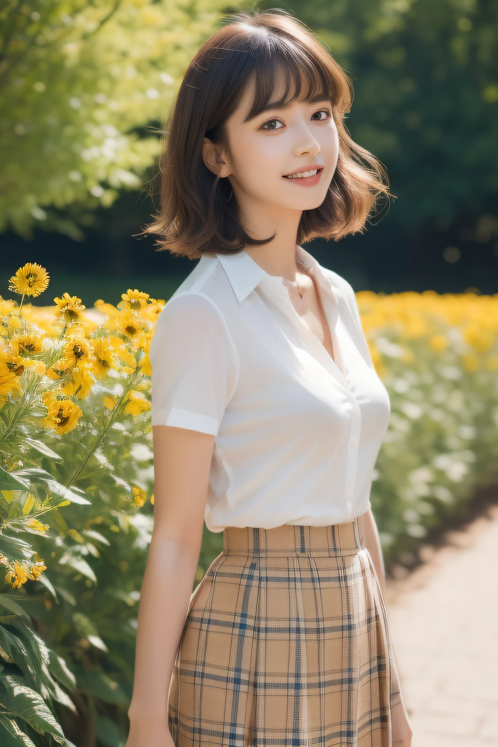 NSFW, 8k RAW photo, Best Quality, ((masutepiece)), 超A high resolution, Film grain, filmg,( 20yr old, Slender face, 1girl in, slanted eye, eyesight, long eyelashes, Eye Highlights), Looking at Viewer, Natural Skin Texture, A perfectly proportioned face, Dimples, realistic eyes and face details, Full lips, lip stick, (makeup), Red eyeshadow, Perm Hair, Fluffy short hair, hair messy, Smile, closes mouth, Beautiful legs, Tall lady, skinny, slim_Legs, Solo, huge-breasted, cleavage, Ultra short skirt, Ass, Shirt, (beautiful nature location, around flowers location), (Detailed background), (Beige plaid skirt, White shirt), huge-breasted, cleavage, Show a little cleavage through the shirt, lowfers, Blurry background, Blurry, Plaid, Short sleeves, Brown hair, Bangs, ((School uniform)), a necklace, Parted lips, Lips, From Side, Pleated skirt, depth of fields