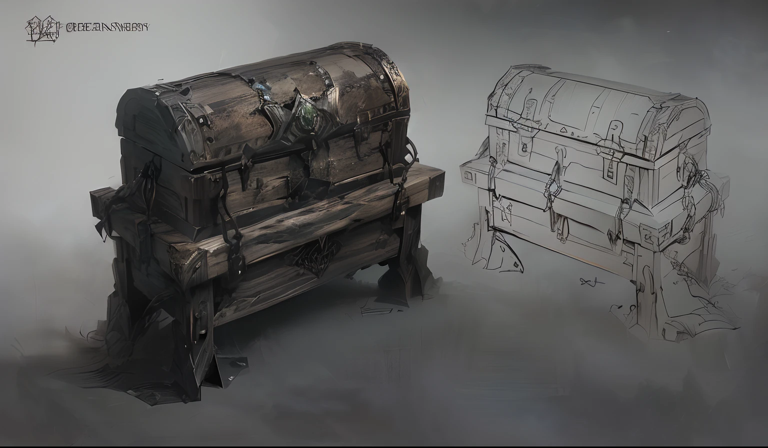 Sketch of a green box and a green wooden box, object concept art, chest, ultra detailed concept art, highly realistic concept art, highly detailed concept art, detailed conceptual drawing, artstation concept art, prop design, artstation concept, covering the chest, by senior environment artist, arte conceitual medieval, Small chest, Extremely detailed concept art, very detailed concept art