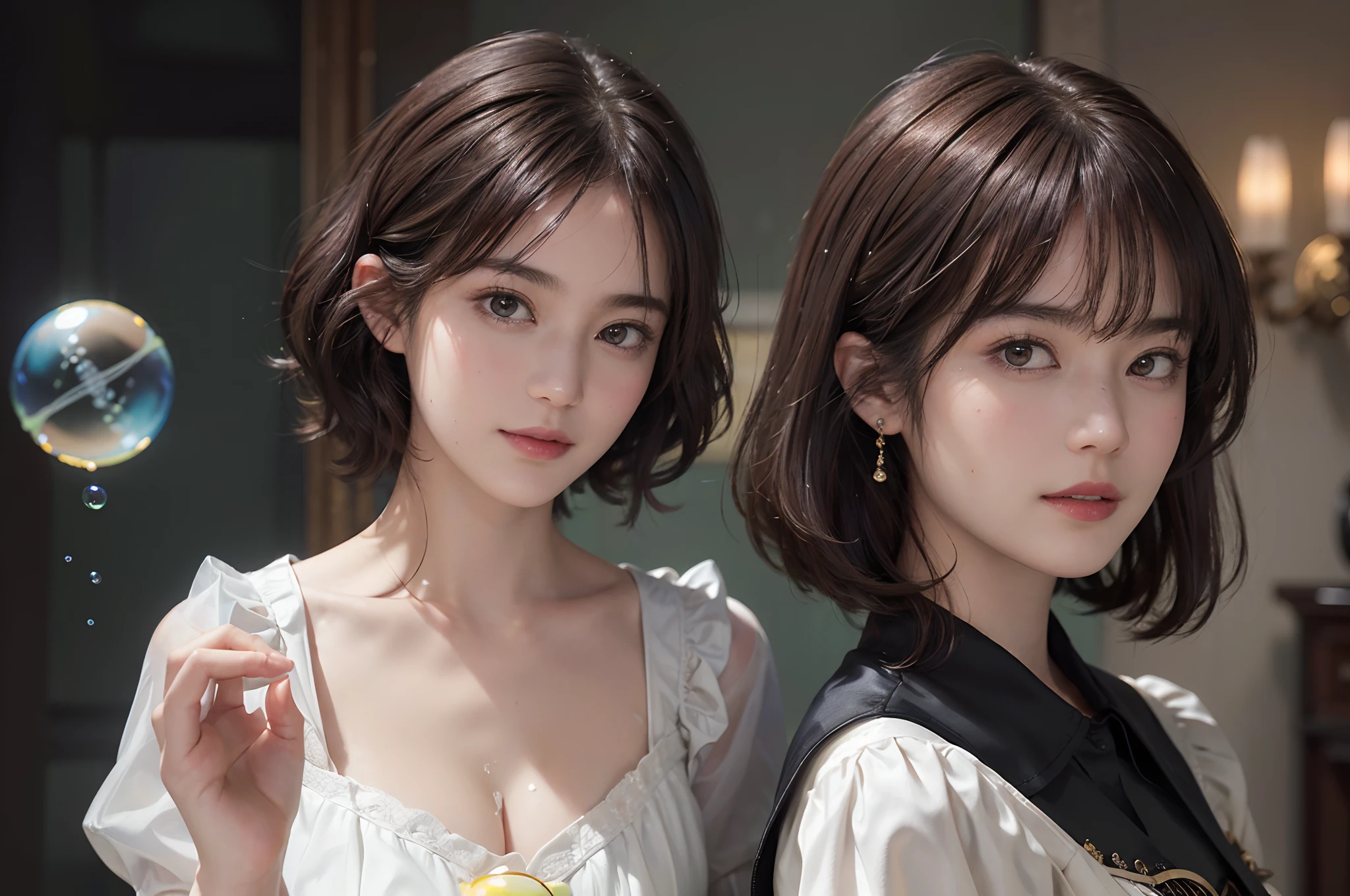 (Masterpiece:1.3), (8K picture quality), Photorealsitic, Raw photo, (Best Quality: 1.4), (1womanl), Pretty Face, (Realistic face), (A dark-haired, Short hair:1.3), Beautiful hairstyle, ((Breast-breast)), Ultra-detailed resolution, the golden ratio, , depth of fields, Filming a movie, A slight smil, (soap bubbles:1.3), Oil painting, Rembrandt, Light and Darkness, ((Contrasty))