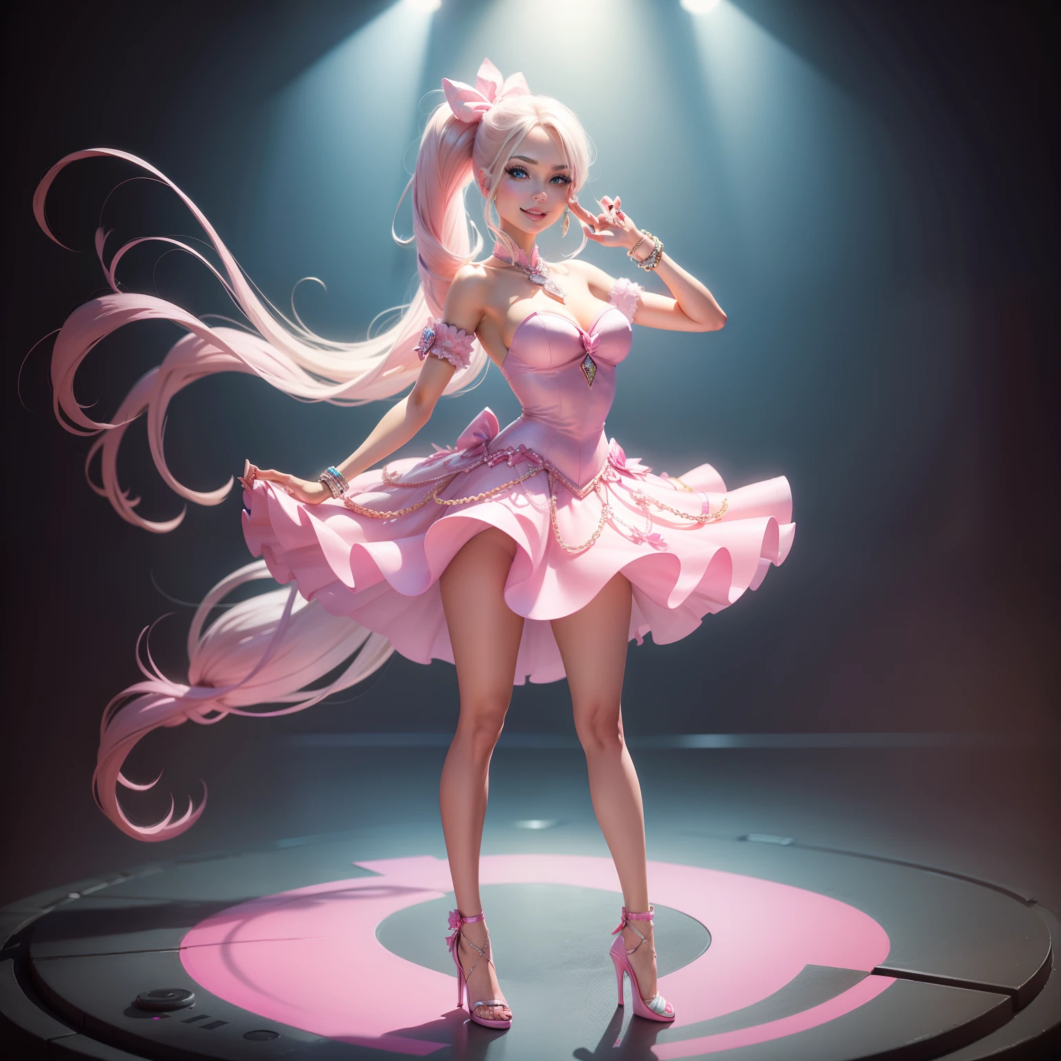 Barbie, ((Full body)), Blue eyes, Smiling face, Hair loss swaying in the wind, Hip Hop Singer Pose, Dressed in hip-hop style, Wearing a pink dress that reflects light,swarovski,pasties,With a pink bow on the arm, Fashion, Extremely high quality, high details, 8K, clean back ground, in studio, ((Full body shot)),Fingers are realistic,Accurate Hand Modeling,
