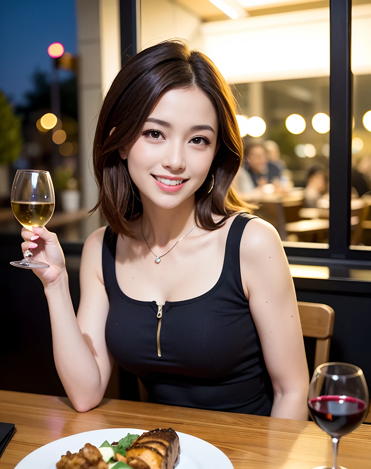 (64K, UHD, top quality, masterpiece: 1.2), (realistic, photorealistic: 1.37), super detailed, pretty woman 1 person, (slim face), (slim body), (brown hair), (short cut), cheeks slightly blushing, (44 years old), 38 years old, solo, beautiful detailed urban night view outside the window, restaurant, wine glasses sit, at night, in a prominent placeNovaFrogStyle, Actress, Model, Waist Up, White Wine, Slim, Wine Glass, Super Clean Night View, Wine Glass Put in the Middle, Happy Smile, (Smile: 1.15), Beautiful Fine Eyes, Upper Body, Bust Japan Up, Night, Short, Short, Actress, Model, Waist Up, White Wine, Slim, Wine Glass, Super Clean Night View, Wine Glass Put in the Middle, Happy Smile,