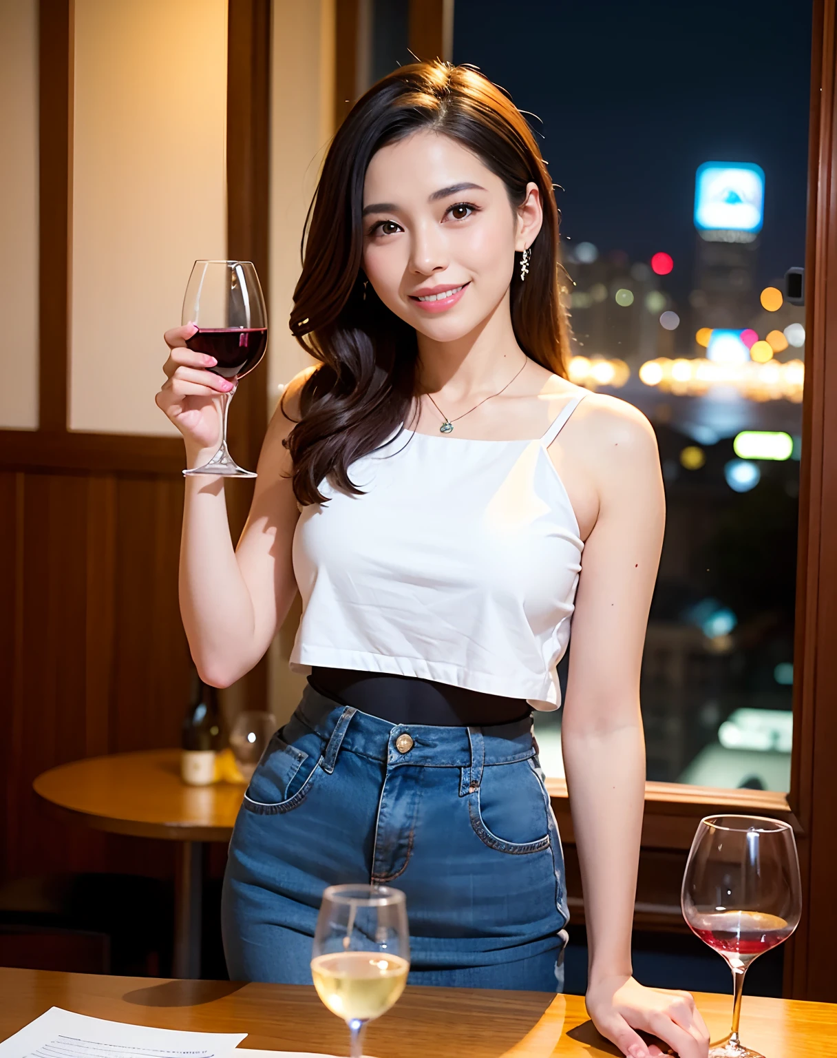 (64K, UHD, top quality, masterpiece: 1.2), (realistic, photorealistic: 1.37), super detailed, pretty woman 1 person, (slim face), (slim body), (brown hair), (short cut), cheeks slightly blushing, (44 years old), 38 years old, solo, beautiful detailed urban night view outside the window, restaurant, wine glasses sit, at night, in a prominent placeNovaFrogStyle, Actress, Model, Waist Up, White Wine, Slim, Wine Glass, Super Clean Night View, Wine Glass Put in the Middle, Happy Smile, (Smile: 1.15), Beautiful Fine Eyes, Upper Body, Bust Japan Up, Night, Short, Short, Actress, Model, Waist Up, White Wine, Slim, Wine Glass, Super Clean Night View, Wine Glass Put in the Middle, Happy Smile,
