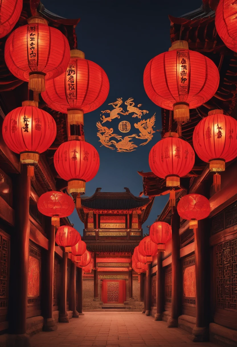 Paper Cuttings style,Oriental style pattern style,There is a large zodiac rabbit in the middle,On the streets of ancient China,There are festive lanterns and traditional architecture in the background