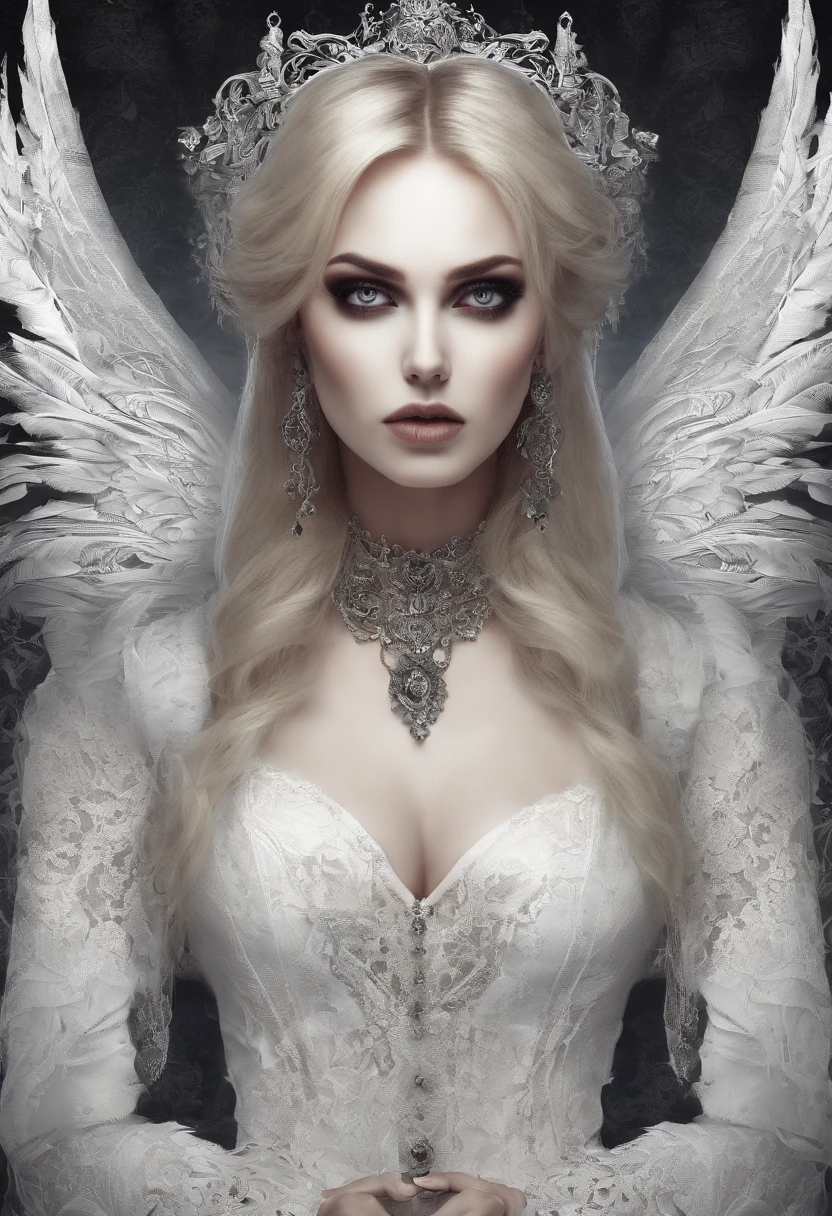 portrait, woman, face with sarcastic expression, caucasian, blond hair, evil look, huge breasts, white clothing, 8k resolution, realistic