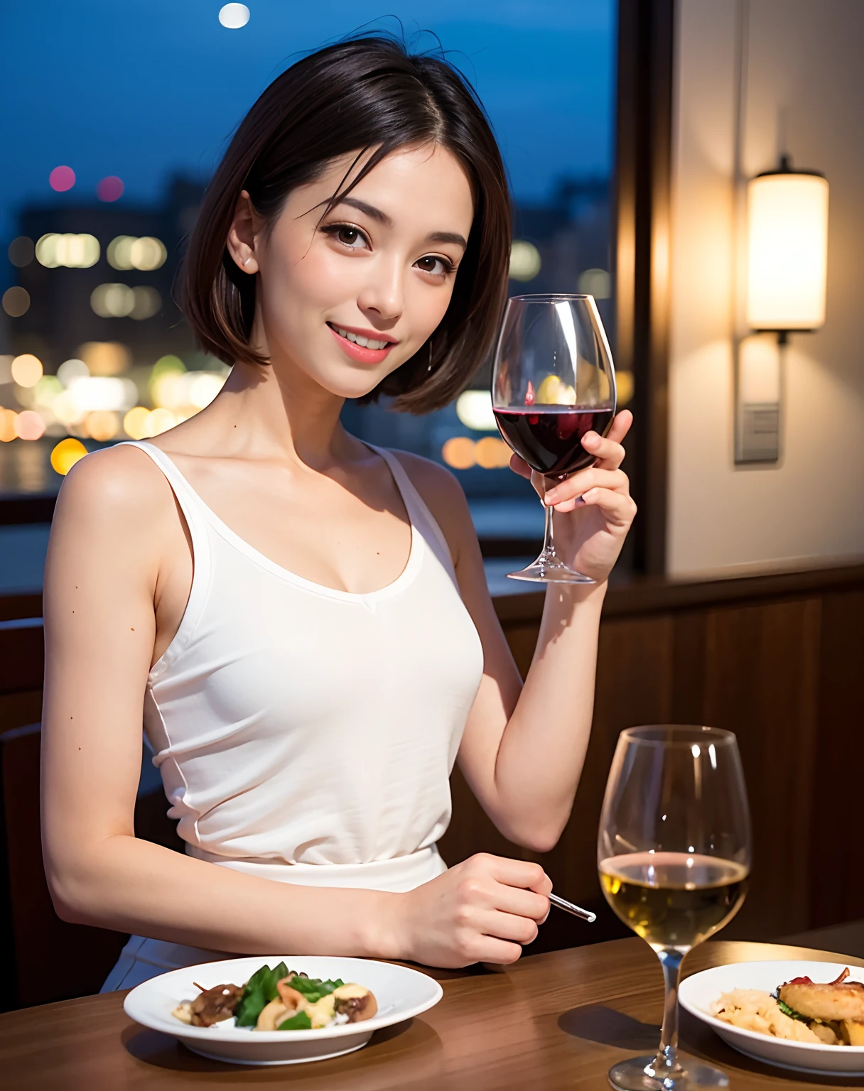 (64K, UHD, top quality, masterpiece: 1.2), (realistic, photorealistic: 1.37), super detailed, pretty woman 1 person, (slim face), (slim body), (brown hair), (short cut), cheeks slightly blushing, (44 years old), 38 years old, solo, beautiful detailed urban night view outside the window, restaurant, wine glasses sit, at night, in a prominent placeNovaFrogStyle, Actress, Model, Waist Up, White Wine, Slim, Wine Glass, Super Clean Night View, Wine Glass Put in the Middle, Happy Smile, (Smile: 1.15), Beautiful Fine Eyes, Upper Body, Bust Japan Up, Night, Short, Short, Actress, Model, Waist Up, White Wine, Slim, Wine Glass, Super Clean Night View, Wine Glass Put in the Middle, Happy Smile,