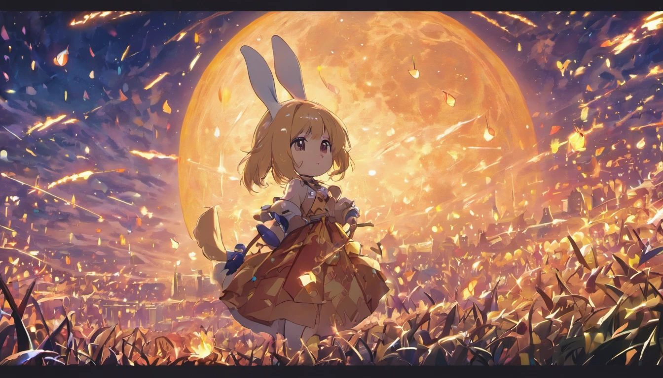 Mid-Autumn Festival,(large moon),(((((edgBunny))))),tradit,celebrating,fire works,((Kongming Lantern)),Don't anthropomorphize,Don't be human,The rabbit followed and watched,frontage