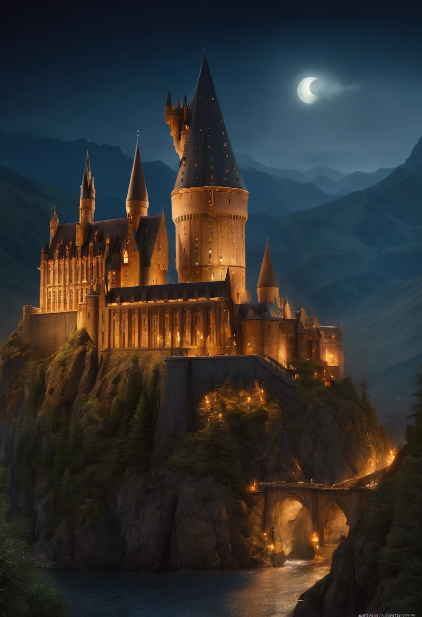 Fantasy art, very wide angle shot, Painting, Detailed , Deviant-art, contest winner, concept-art, , tim hildebrandt, fantasy, ((((Steampunk City)))) , , during night , , dreamlike realism, art  stations ,, The style of Adrianous Everson ,Not aesthetic architecture, cinematic Film still from,greg rutkovsky, Create reminiscent of《Harry potter》The scenery of the movie, Create Hogwarts Castle at night. Use intricate details and dynamic design，Immerse the audience in a magical world. Depicted《Harry potter》The sense of awe and disorientation evoked by the film.
