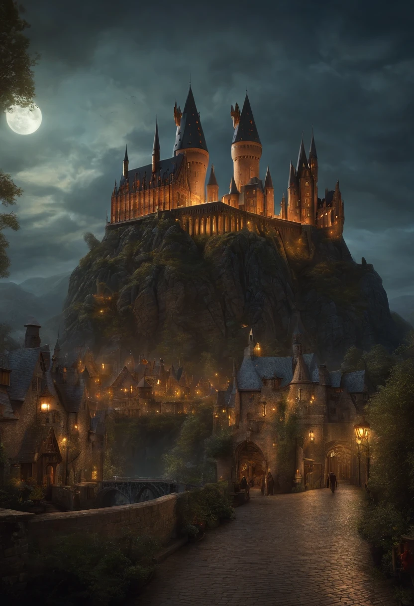 Fantasy art, very wide angle shot, Painting, Detailed , Deviant-art, contest winner, concept-art, , tim hildebrandt, fantasy, ((((Steampunk City)))) , , during night , , dreamlike realism, art stations ,, The style of Adrianous Everson ,Not aesthetic architecture, cinematic Film still from,greg rutkovsky, Create reminiscent of《Harry potter》The scenery of the movie, Create Hogwarts Castle at night. Use intricate details and dynamic design,Immerse the audience in a magical world. Depicted《Harry potter》The sense of awe and disorientation evoked by the film.