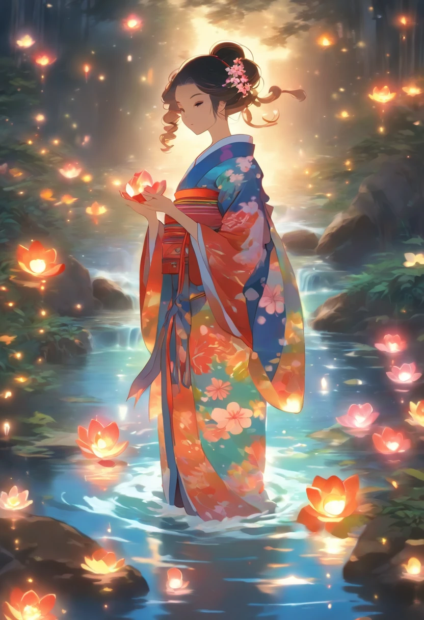 Spirit floating in pale shape, Woman in yukata with colorful flowers walking along the river. Her beautiful face and brightly colored glowing eyes. Dark night river、Illuminated fantastically by the light of a spirit float. Woman walking with hand lanterns illuminating her feet. Along the river at night with wildflowers blooming. Detailed drawing. Vivid colors. High image quality. --S 1000 --AR 4:5 - Rainbow 5