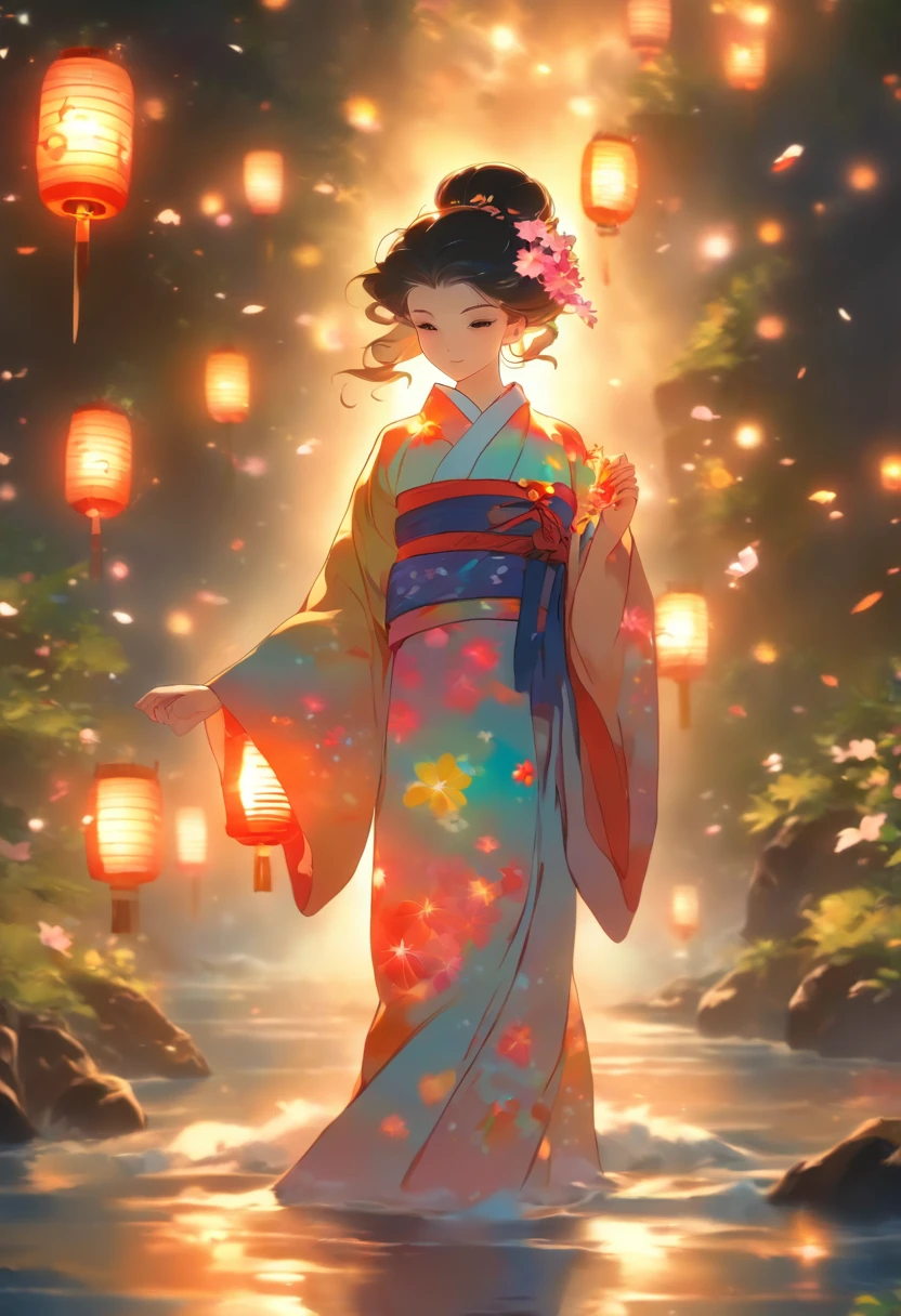 Spirit floating in pale shape, Woman in yukata with colorful flowers walking along the river. Her beautiful face and brightly colored glowing eyes. Dark night river、Illuminated fantastically by the light of a spirit float. Woman walking with hand lanterns illuminating her feet. Along the river at night with wildflowers blooming. Detailed drawing. Vivid colors. High image quality. --S 1000 --AR 4:5 - Rainbow 5