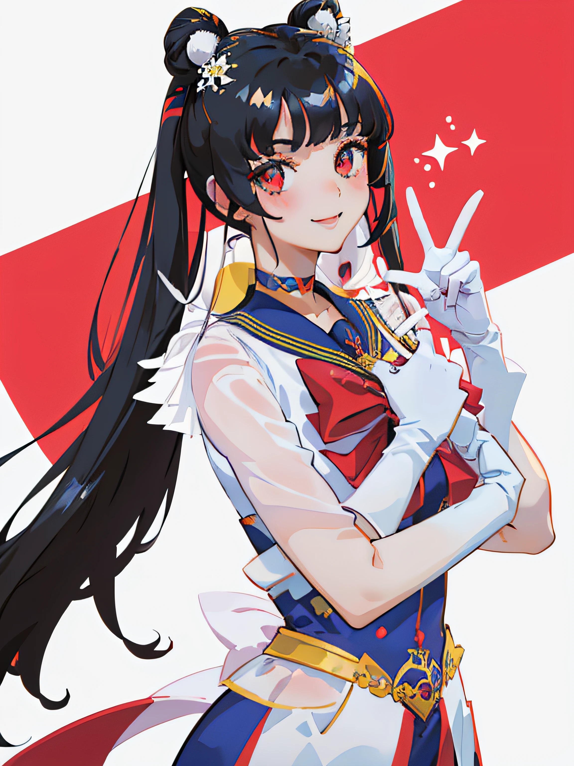 ((masterpiece, best quality)), (1girl), (solo), red eyes , white background, (black hair, straight bangs), slight blush, starry eyes, face focus, winking, peace sign, smile, thin eyebrows,