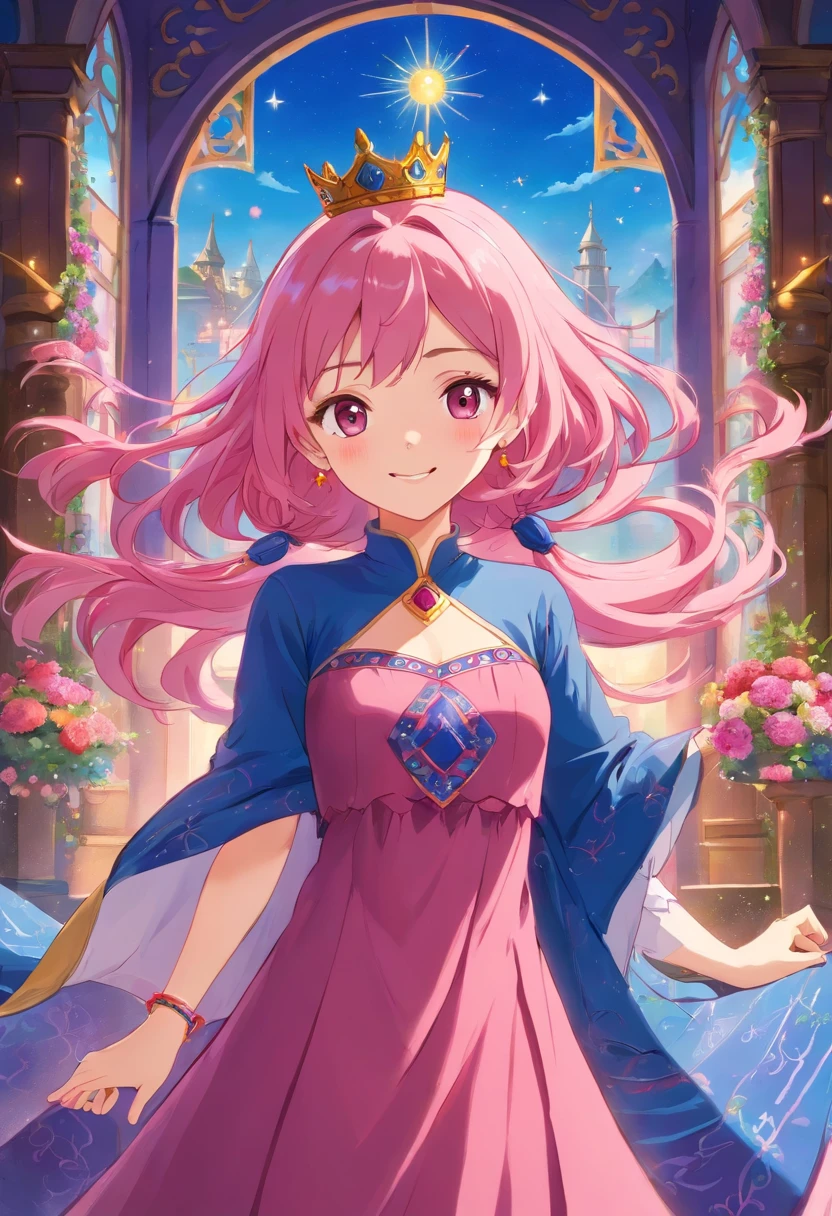 beautiful, happy princess, pink hair, wearing flowing dress in rich hues of deep pink and royal blue, adorned with intricate patterns that hinted at her connection to ancient magic, reflection of her enigmatic nature, smiling confidentially, wearing jewel necklace, magical bracelets, marvelous crown, brilliant texture work,