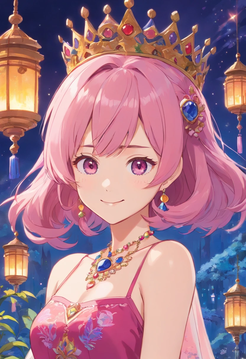 beautiful, happy princess, pink hair, wearing flowing dress in rich hues of deep pink and royal blue, adorned with intricate patterns that hinted at her connection to ancient magic, reflection of her enigmatic nature, smiling confidentially, wearing jewel necklace, magical bracelets, marvelous crown, brilliant texture work,