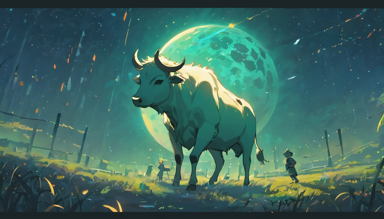 Mid-Autumn Festival,(large moon),(((((Zodiac cattle))))),tradit,celebrating,fire works,((Kongming Lantern)),Don't anthropomorphize,The cow followed and watched,Don't be human,Animal cattle