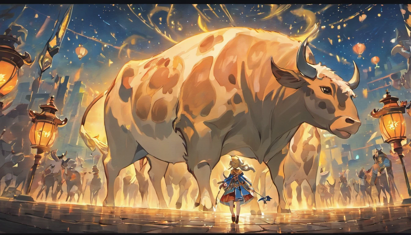 Mid-Autumn Festival,(large moon),(((((Zodiac cattle))))),tradit,celebrating,fire works,((Kongming Lantern)),Don't anthropomorphize,The cow followed and watched,Don't be human,Animal cattle