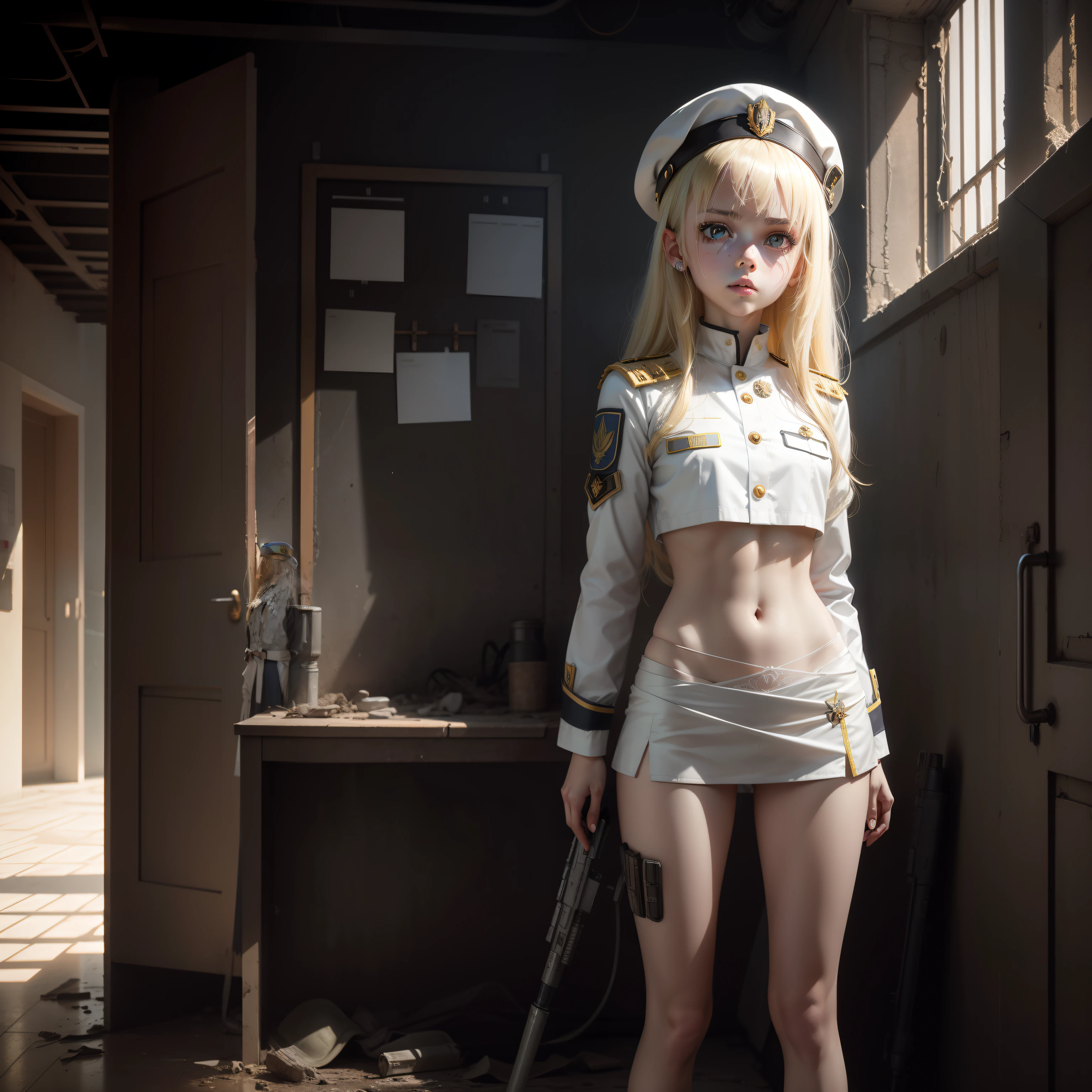 ukrainian girl , Ukrainian anime girls , , Ukraine , Full body composition of young girl with messy bright blonde hair,eye make up, 14 year old, Soft lighting, Solo, Old torn dirty shabby futuristic military uniform, badges, Pose, Blotch color, Octane Render, Hyperrealistic intricate detail, Cinematic, 8K resolution, 70mm, Accent Lighting, Global Illumination, Full body portrait, clean detailed faces, intricate clothing, Cute face, flat chest, Slim waist, Slim legs, small hips,Show white cloth underwear,Wearing a beret,Special Forces Clothing,