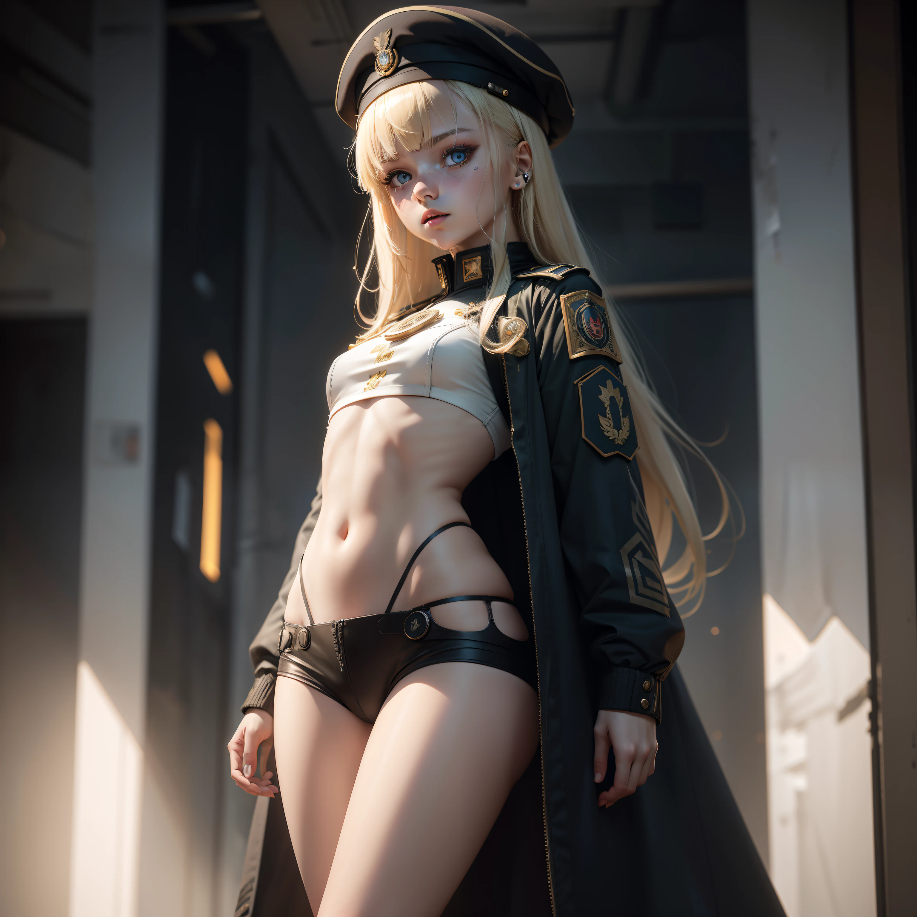 ukrainian girl , Ukrainian anime girls , , Ukraine ,  Full body composition of young girl with messy bright blonde hair,eye make up, ,  Soft lighting, Solo, Old torn dirty shabby futuristic military uniform, badges, Pose, Blotch color, Octane Render, Hyperrealistic intricate detail, Cinematic, 8K resolution, 70mm, Accent Lighting, Global Illumination, Full body portrait, clean detailed faces, intricate clothing, Cute face, flat chest, Slim waist, Slim legs, small hips,Show white cloth underwear,Wearing a beret,Special Forces Clothing,