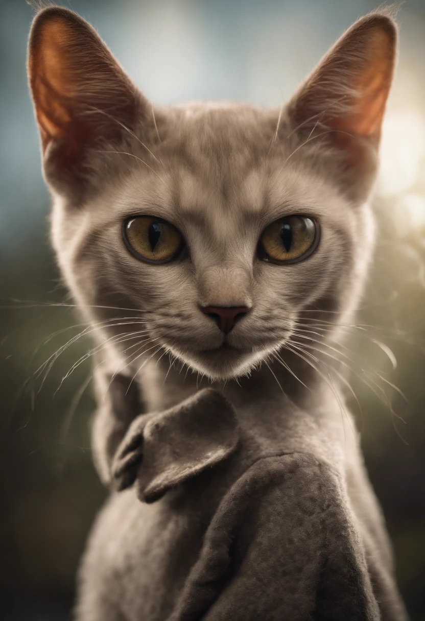 Create a drawing of a robot cat with a mustache (as if it were of a human being only in drawing) e olhos azuis. ele tem que ser branco, with the lilaz tail and the lilac-hued orelle and paws,a yellow collar and lilac belly, com uma letra M na frente