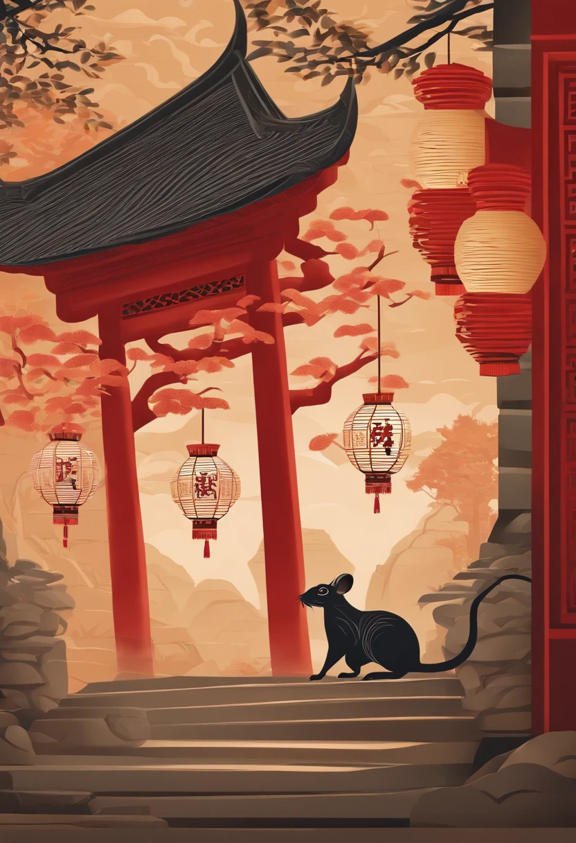 Paper Cuttings style，Oriental style pattern style，There was a rat standing in the doorway，On the streets of ancient China，There are festive lanterns and traditional architecture in the background