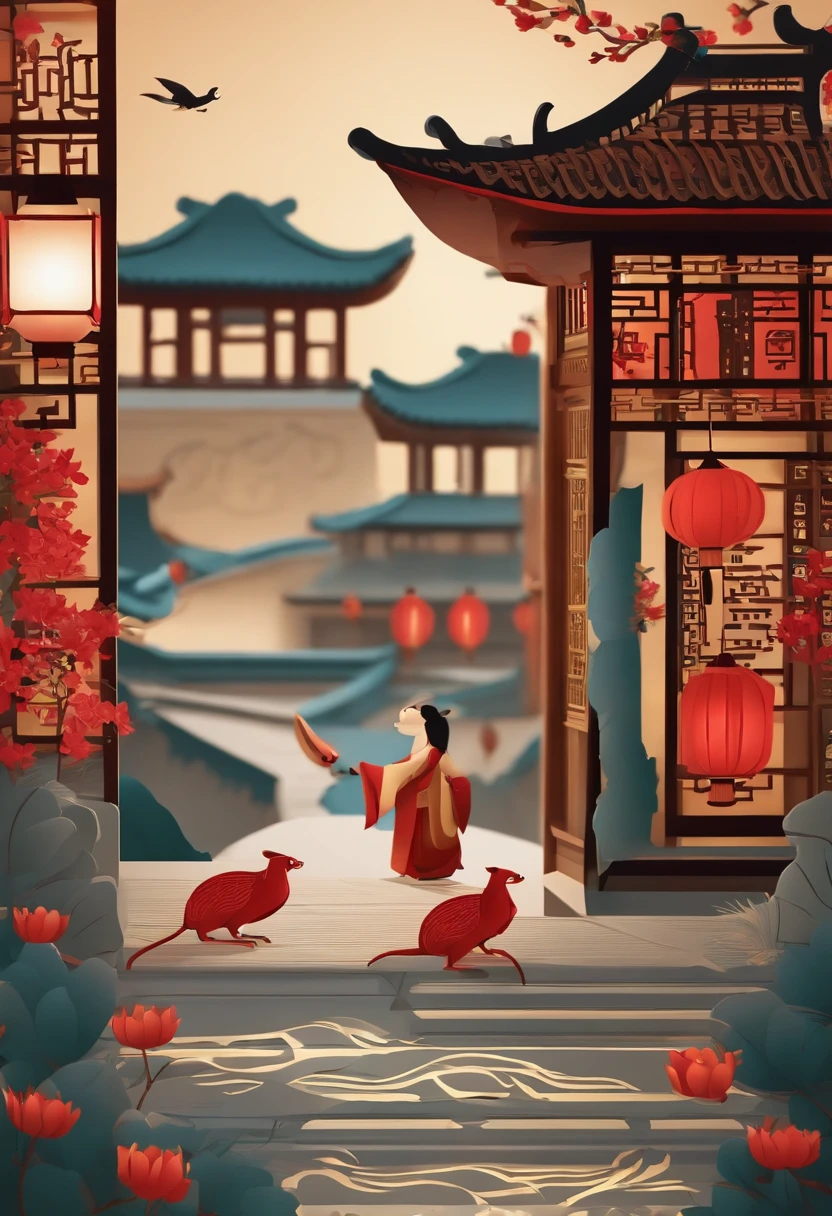 Paper Cuttings style,Oriental style pattern style,There was a rat standing in the doorway,On the streets of ancient China,There are festive lanterns and traditional architecture in the background